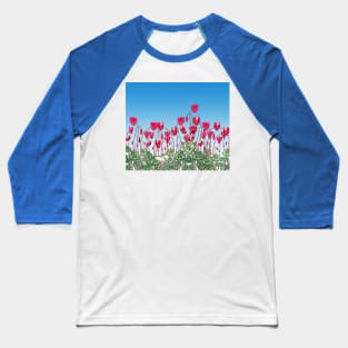 PINK FUCHSIA CYCLAMENS,GREEN LEAVES UNDER BLUE SKY Floral  Edit Baseball T-Shirt